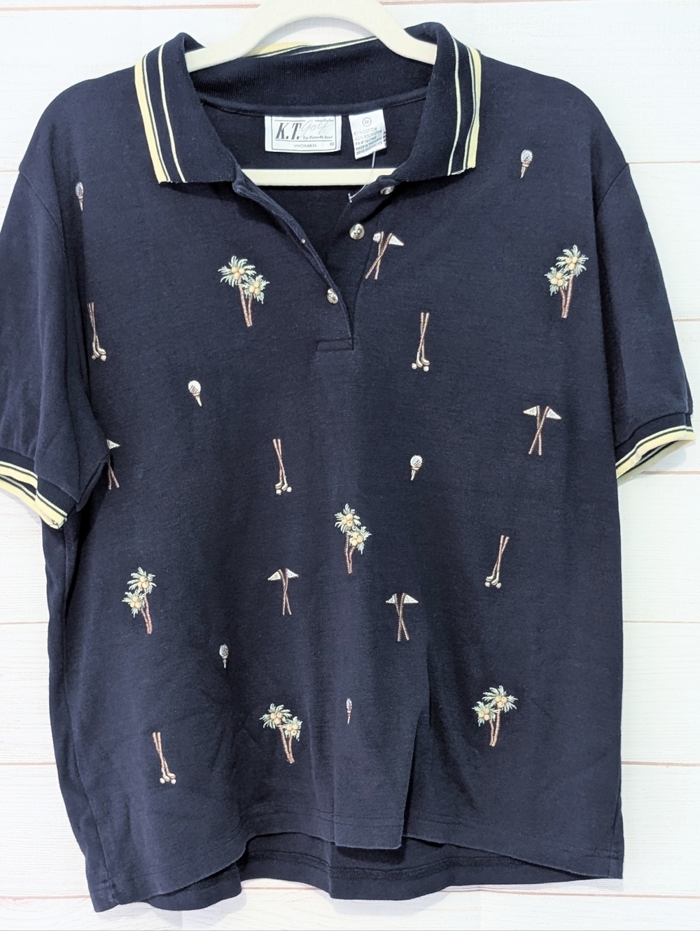 Vintage K.T Golf ⛳ ⛳ Navy Palm Tree & Golf Motif Polo Shirt Plus Size 1X